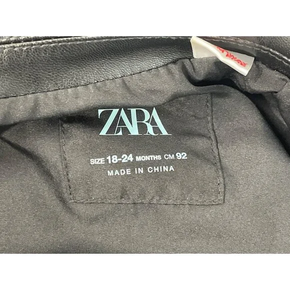 Zara Kids Black Leather Moto Jacket W/ Silver Zipper & Snap Details Size 18-24M